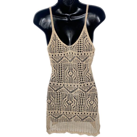 New Medium Khaki Tan Beige Knit Crochet Swimsuit Cover Up Mini Dress Slit Beach - Picture 6 of 7